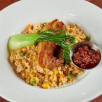 Pork Chashu Fried Rice. · Pork Chashu, Rice, Egg, Mixed Veggies, Sesame Seeds, and grilled Baby Bok Choy with Fried Ch...