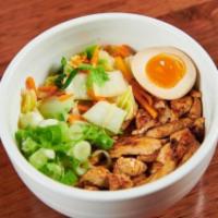 Chicken Chashu Bowl. · Chicken Chashu with an assortment of Mixed Vegetables, Green Onions  and 1/2 Ramen egg on to...