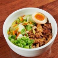 Pork Chashu Bowl. · Pork Chashu with an assortment of Mixed Vegetables, Green Onions  and 1/2 Ramen egg on top o...