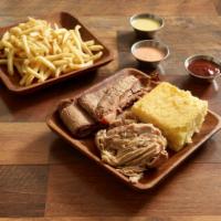 Two Meat Basket · Choose 2 items of smoked brisket, smoked pulled pork, smoked pork ribs, smoked turkey breast...