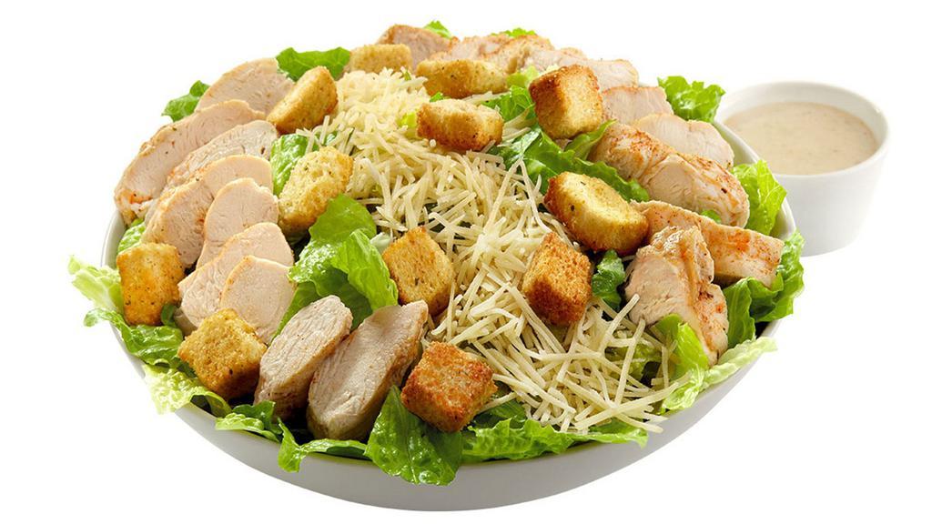 Chicken Caesar Salad (Indiviudal) · The Classic Caesar of romaine lettuce, parmesan and croutons topped with tender chicken strips.  Pair with our Caesar dressing or pick from our list of dressing options.