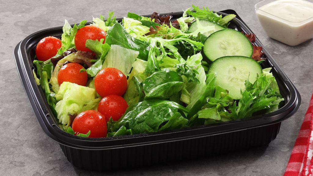 Garden Salad (Family (Serves 4-6)) · A delightful mix of romaine, iceberg and tender spring mix lettuces topped with cherry tomatoes, cucumbers and croutons plus your choice of dressing.