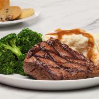 Sirloin Steak · USDA hand cut 5 oz. Sirloin Steaks seasoned and flame broiled to perfection.