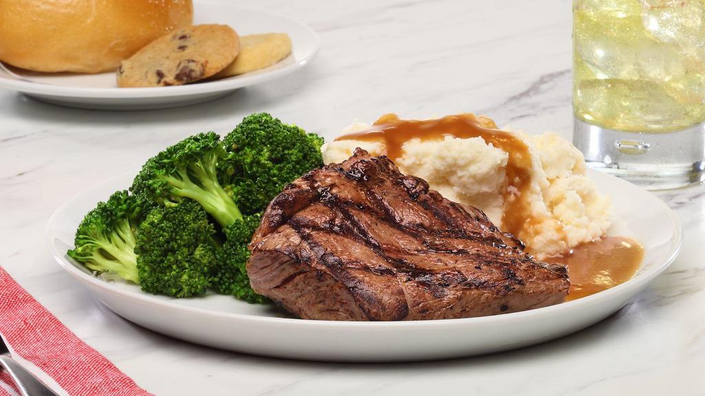 Sirloin Steak · USDA hand cut 5 oz. Sirloin Steaks seasoned and flame broiled to perfection.