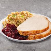 Holiday Sliced Turkey Meal · Includes sliced turkey, gravy, cranberry sauce, two sides, yeast rolls, and cookies.