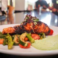 Miso Glazed Salmon · Pan seared salmon 8 oz., saute mix vegetables spinach, asparagus, grapes tomatoes and zucchi...