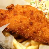 Panko Catfish and Chips · Breaded Catfish, served with a side of cocktail sauce and lemon wedge.
Served with coleslaw ...
