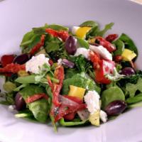 Mediterranean Salad · Spinach, arugula, grilled red pepper, zucchini, Broccolini, asparagus, sun-dried tomatoes, r...