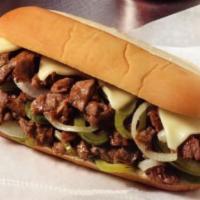Philly Cheesesteak Deluxe · Topped with grilled onions, peppers and American cheese on a roll. Served with side of Frenc...