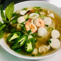 P8. Pho Do Bien · Seafood pho. Shrimp, scallop, squid and fish ball. Includes broth, flat rice noodles, garnis...