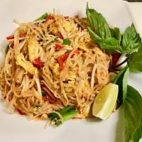 C1. Pad Thai · Rice noodles wok seared with choice of meat, eggs, bean sprout and bell peppers in our homem...