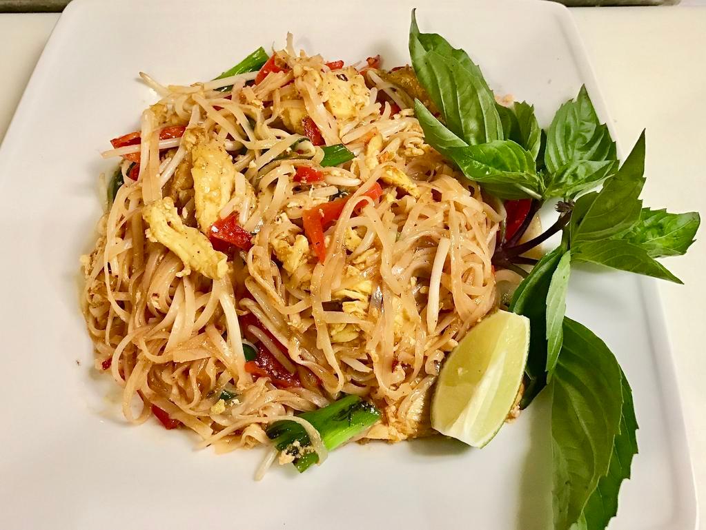 C1. Pad Thai · Rice noodles wok seared with choice of meat, eggs, bean sprout and bell peppers in our homemade pad Thai sauce topped with peanuts and Thai basil.