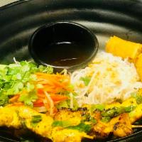 B2. Ga Nuong Bowl · Grilled chicken. Charboiled chicken skewers and an egg roll. Includes vermicelli rice noodle...