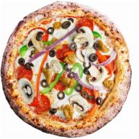 The Brick Pizza · Red sauce, mozzarella, Italian sausage, pepperoni, red onions, mushrooms, bell peppers and b...