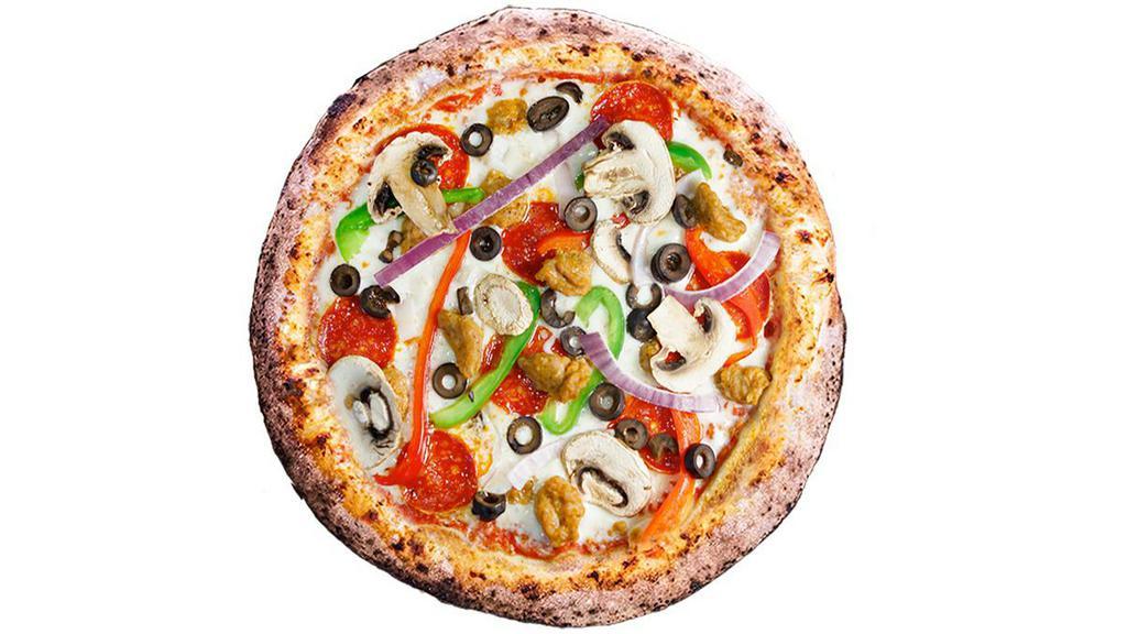 The Brick Pizza · Red sauce, mozzarella, Italian sausage, pepperoni, red onions, mushrooms, bell peppers and black olives.