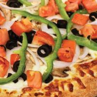 Veggie Pizza · Mushrooms, white onions, green peppers, black olives and fresh tomatoes.