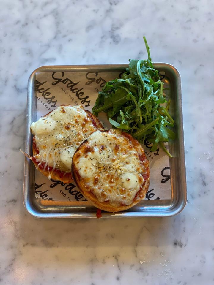 Cheese Pizza Bagel · Hot & bubbling! on plain or everything bagel.  Served with side arugula salad