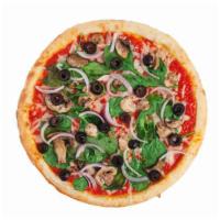 Very Vegan · Marinara sauce, daiya vegan cheese, spinach, white mushrooms, red onions, black olives.