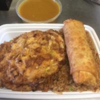C10. Roast Pork Egg Foo Young Combination Platter · Served with egg roll and pork fried rice.
