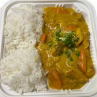 Chicken Curry Rice Plate · Yellow Thai coconut curry stewed with carrots and potatoes. Served with steam jasmine rice. 