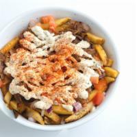 Zeus Fries · Large fries topped with choice of protein, tomatoes, red onions, house-made tzatziki and spi...