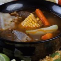 Caldo de Res · Beef broth, diced beef, cabbage, carrots, potatoes, corn, zucchini and chayote. Served with ...