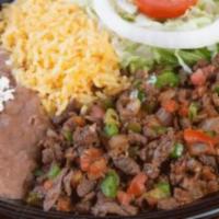 Bistec a la Mexicana Plate · Chopped beef steak, red salsa (no spicy), tomatoes, jalapeno peppers, onions, rice, refried ...