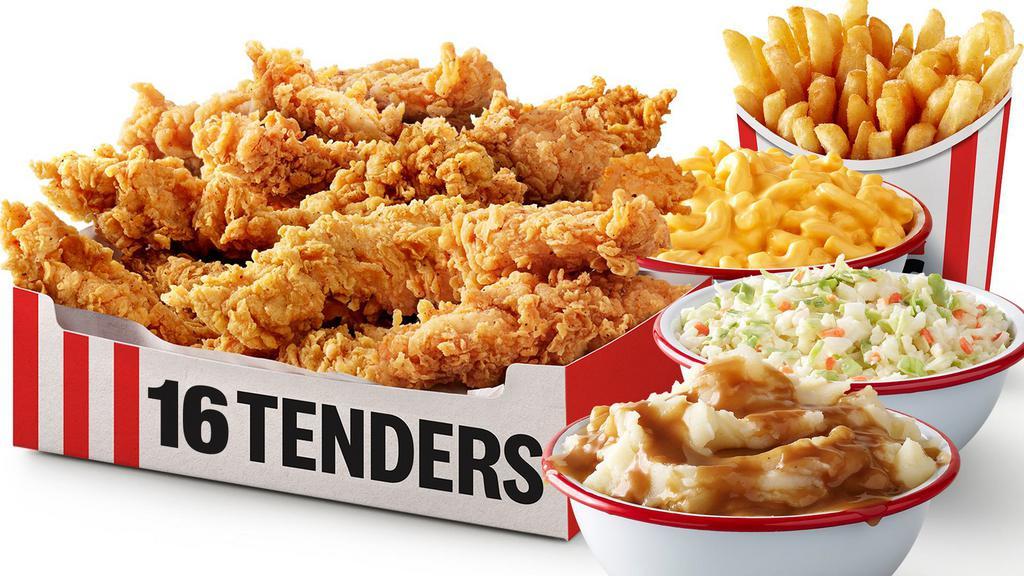 16 Tenders Meal · 16 pieces of our freshly prepared Extra Crispy Tenders, 4 large sides of your choice, 8 biscuits and 8 dipping sauces.