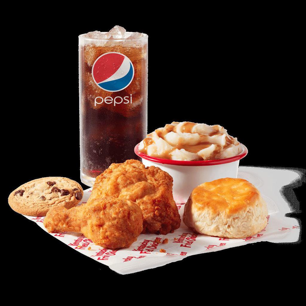 2 pc. Drum & Thigh Fill Up · A drumstick & thigh, available in Original Recipe, 1 side of your choice, biscuit, a cookie, and a medium drink