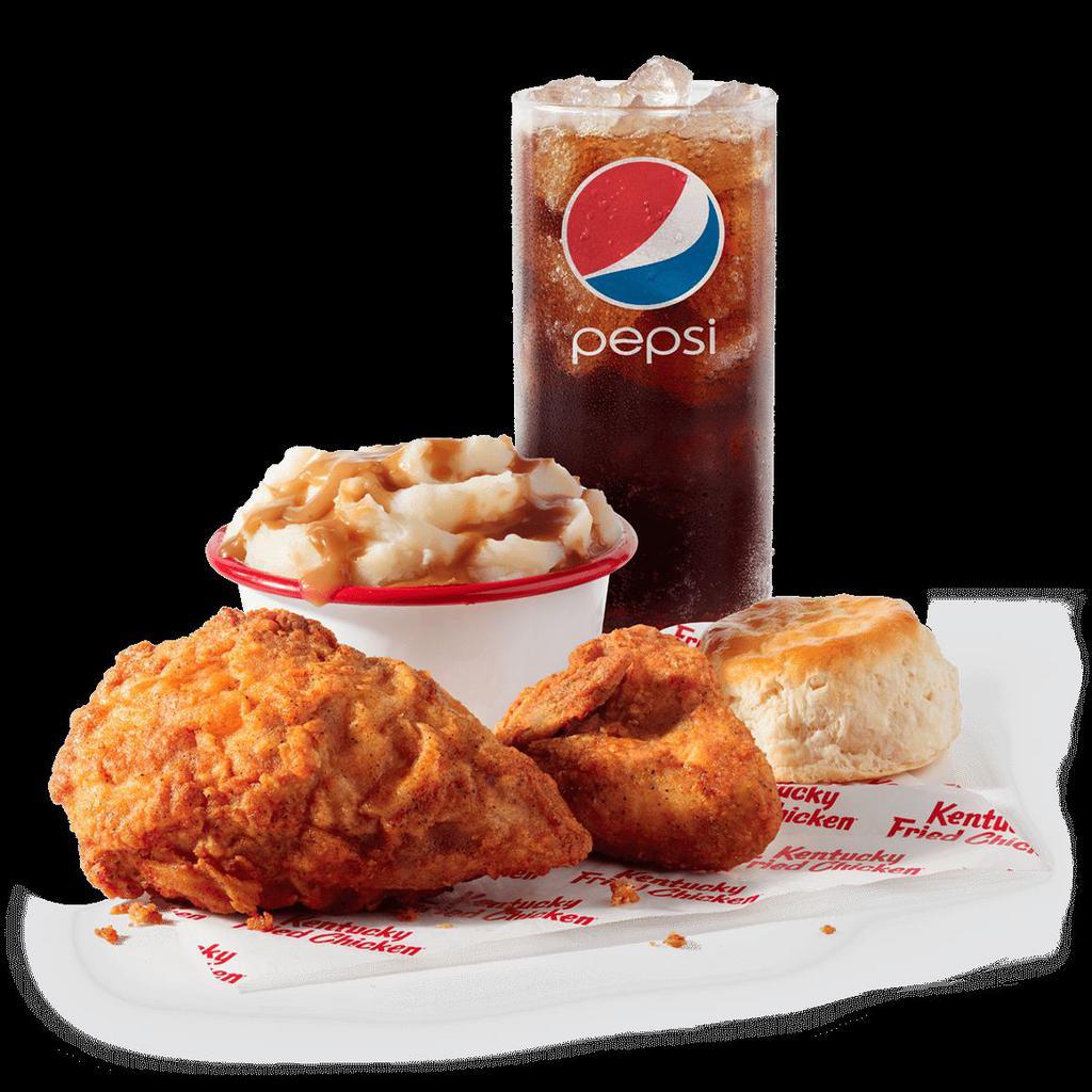 2 pc. Breast & Wing Combo · A breast & wing, available in Original Recipe or Extra Crispy, a side of your choice, a biscuit, a cookie, and a medium drink