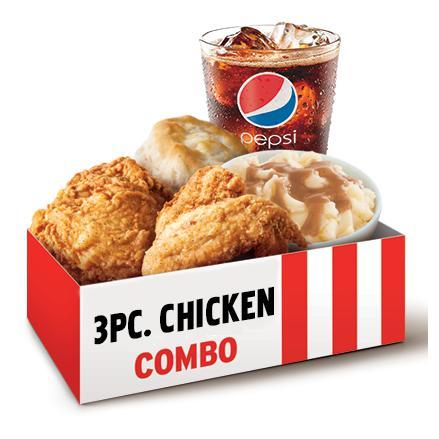 3 pc. Chicken Combo · 3 pieces of chicken available in Original Recipe, Extra Crispy, or Kentucky Grilled,  1 side of your choice, biscuit, and a medium drink