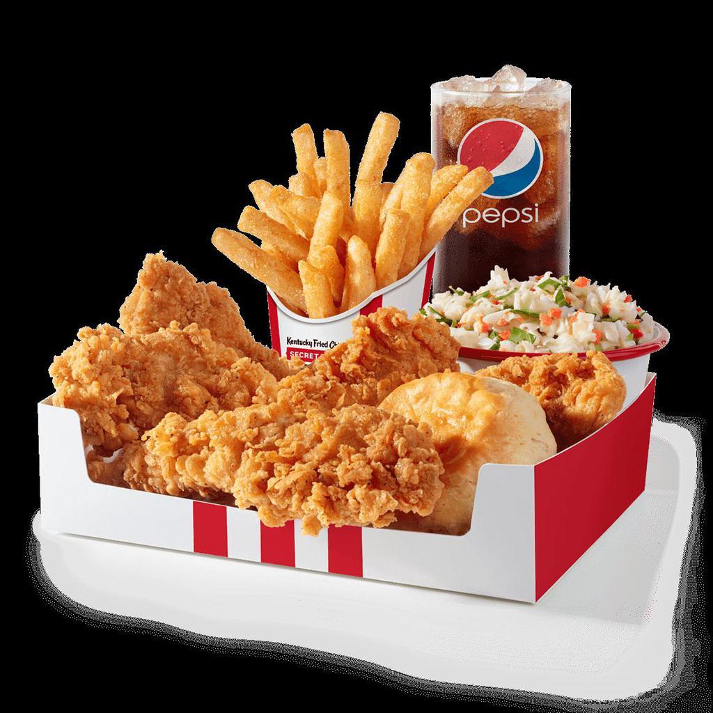 5 pc. Tenders Box · 5 Extra Crispy Tenders, 2 sides of your choice, a biscuit, 2 dipping sauces, and a medium drink