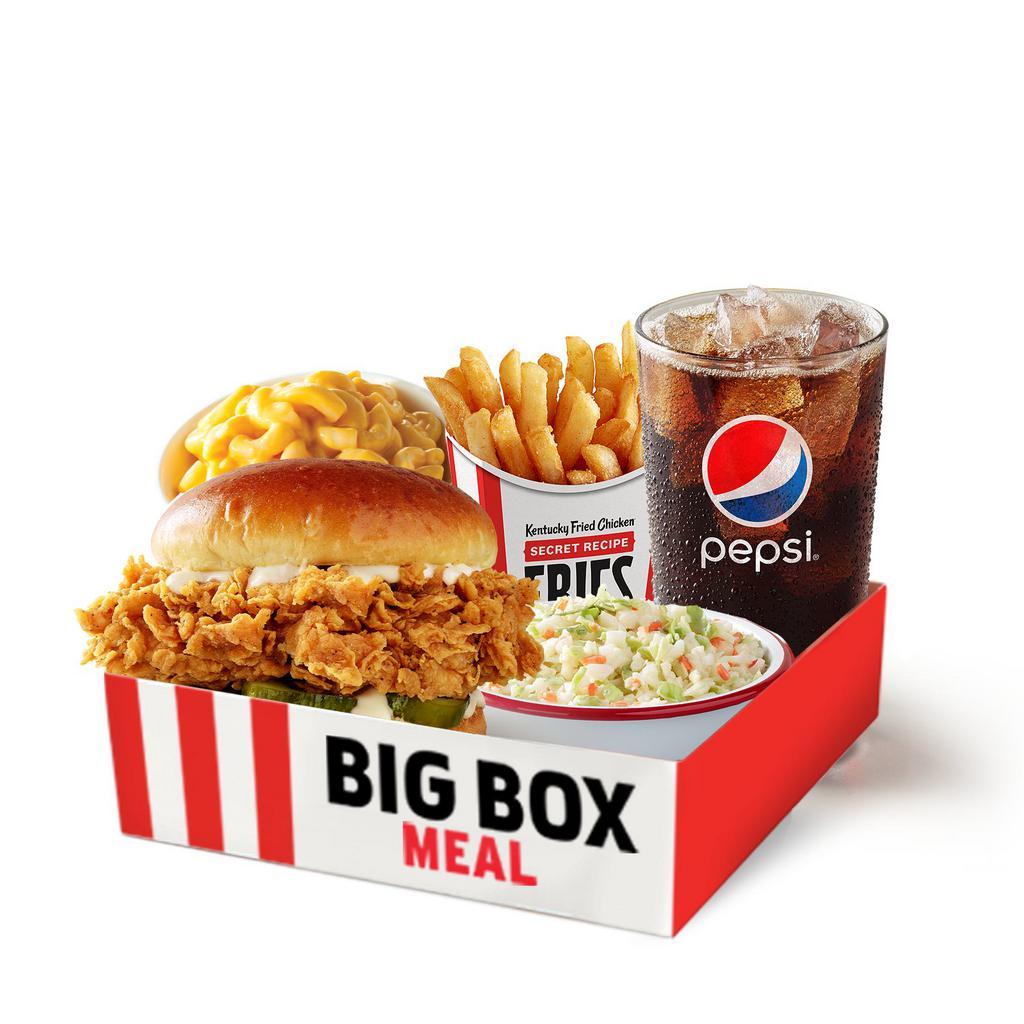 Classic Chicken Sandwich Big Box · Our Chicken Sandwich (extra crispy filet with premium pickles, mayo, on a brioche-style bun), three sides of your choice, and a medium drink.