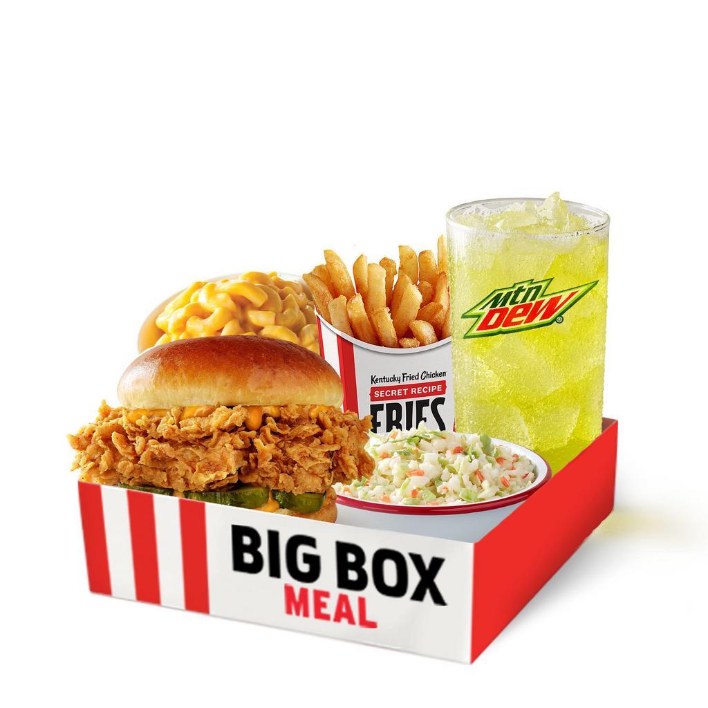 Spicy Chicken Sandwich Big Box · Our Spicy Chicken Sandwich (extra crispy filet with premium pickles, spicy mayo, on a brioche-style bun), three sides of your choice, and a medium drink.