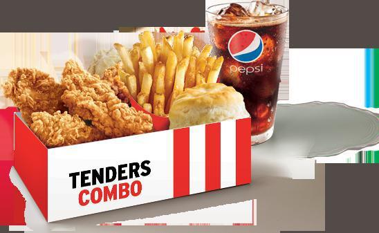 Tenders Combo · 4 or 5 Extra Crispy Tenders, 1 side of your choice, a biscuit, your choice of a dipping sauce, and a medium drink.