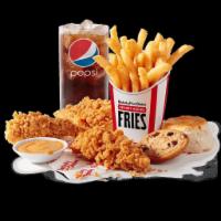 3 pc. Tenders Combo · 3 Extra Crispy Tenders, 1 side of your choice, a biscuit, a cookie, 2 dipping sauces, and a ...