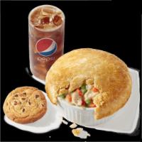 Pot Pie Fill Up · Classic chicken pot pie with a cookie and your choice of a medium drink