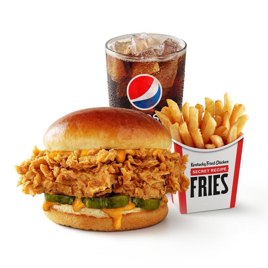 Spicy Chicken Sandwich Combo · Our Spicy Chicken Sandwich (An extra crispy filet with premium pickles, spicy mayo, on a brioche-style bun), side of your choice, and medium drink of your choice.