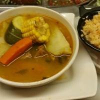 Sopa de Res · Served with rice (everyday). Includes 3 tortillas.