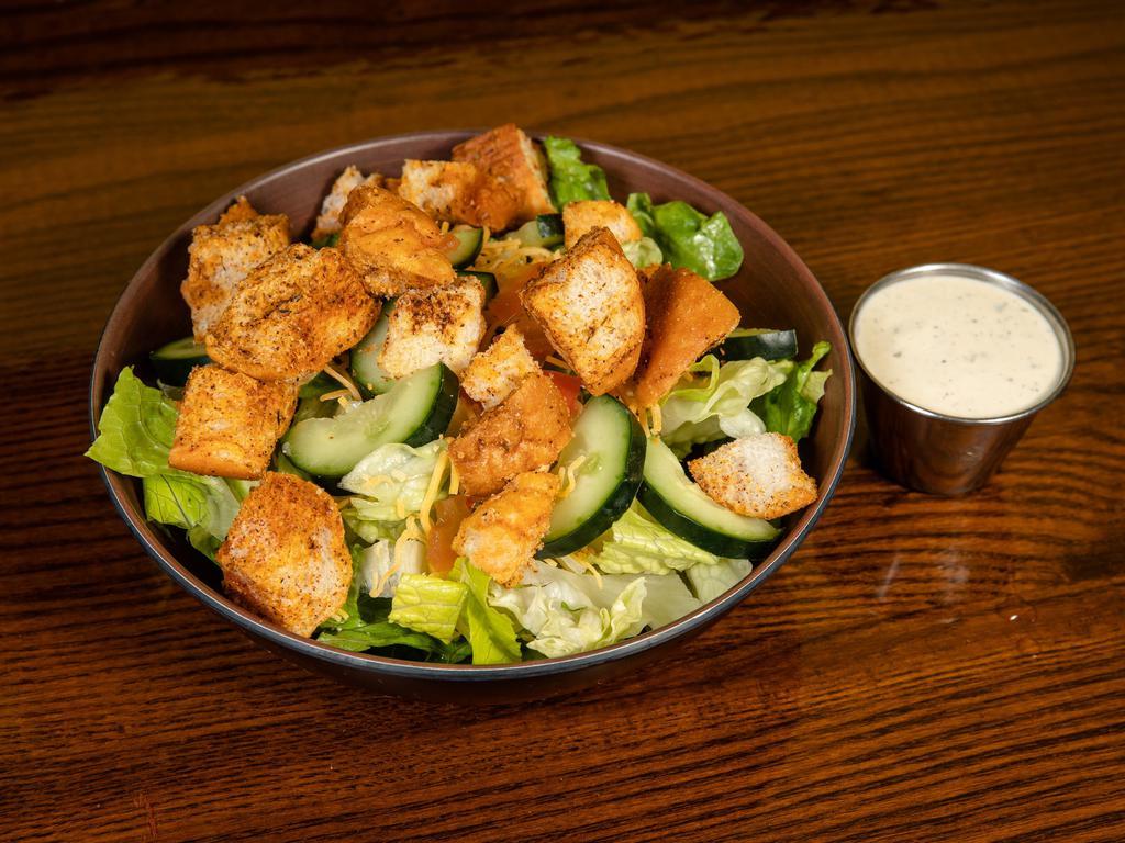 Side House Salad · 50/50 lettuce mix, tomatoes, onions, cucumbers, shredded cheese, fresh baked croutons and your choice of dressing.