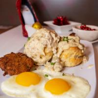 Biscuits & Gravy · Two buttermilk biscuits covered in Swaggerty's Country Sausage Gravy, served with two eggs a...