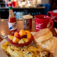 Three Little Pigs Omelet · Applewood-smoked bacon, ham, pork sausage and swiss cheese omelet, served with choice of sid...