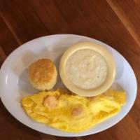 Gulf Shrimp Omelet · Gulf shrimp and cheddar cheese omelet, served with choice of side and bread