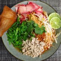 Sukhothai Noodle Soup · Thin rice noodle, minced pork, BBQ pork, green bean, bean sprout, peanut, onion, cilantro, a...