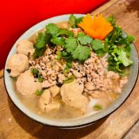 Nam Sai Noodle Soup · Thin rice noodle, minced pork, pork meatball, bean sprout, gai lan, green onion, and cilantr...