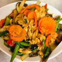 Basil Stir-Fried · Green bean carrot, onion, mushroom, bell pepper, and Thai basil.