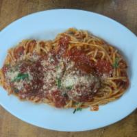 Pasta with Meatballs · Two meatballs. Served with utensils and choice of side with sauce. Family portion served wit...