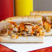 Buffalo Chicken Cheesesteak · House-butchered antibiotic-free chicken topped with bleu cheese, house Buffalo sauce and dic...