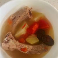 Seasonal Herbal Soup 時令藥膳雞湯 · Chicken or pork rib, 18 oz. selected herbal soup, boiled vegetable