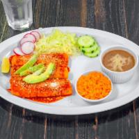 Enchiladas Combo Meal Plate · Our Home-Made Enchiladas are prepared with (Non-Spicy) Red Salsa and come with Chicken and C...